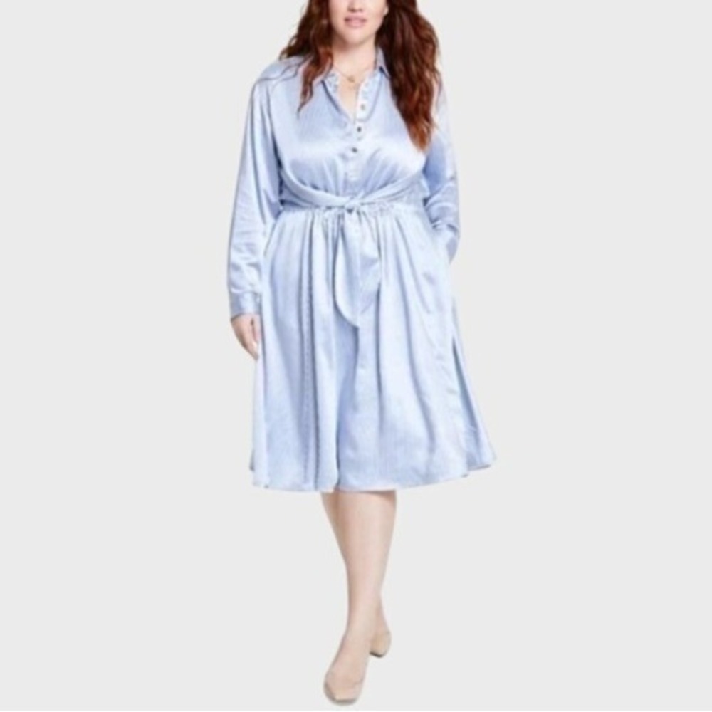 Michael Kors Satin Pinstriped Tie-Front Midi Dress Blue Feminine Office NWT